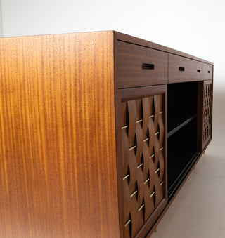 Edward Wormley Woven Front Credenza in Ribbon Mahogany with Brass Accents for Dunbar