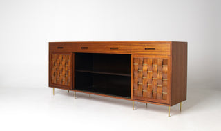 Edward Wormley Woven Front Credenza in Ribbon Mahogany with Brass Accents for Dunbar