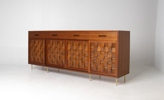 Edward Wormley Woven Front Credenza in Ribbon Mahogany with Brass Accents for Dunbar