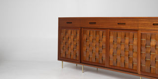 Edward Wormley Woven Front Credenza in Ribbon Mahogany with Brass Accents for Dunbar