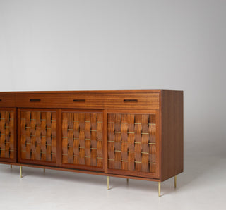 Edward Wormley Woven Front Credenza in Ribbon Mahogany with Brass Accents for Dunbar
