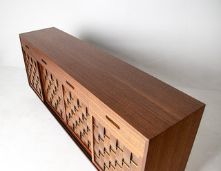 Edward Wormley Woven Front Credenza in Ribbon Mahogany with Brass Accents for Dunbar