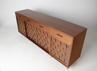 Edward Wormley Woven Front Credenza in Ribbon Mahogany with Brass Accents for Dunbar