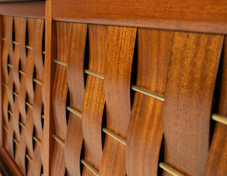 Edward Wormley Woven Front Credenza in Ribbon Mahogany with Brass Accents for Dunbar