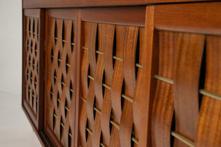 Edward Wormley Woven Front Credenza in Ribbon Mahogany with Brass Accents for Dunbar
