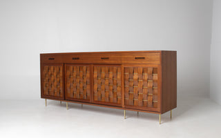 Edward Wormley Woven Front Credenza in Ribbon Mahogany with Brass Accents for Dunbar