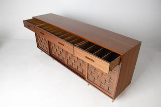 Edward Wormley Woven Front Credenza in Ribbon Mahogany with Brass Accents for Dunbar