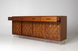 Edward Wormley Woven Front Credenza in Ribbon Mahogany with Brass Accents for Dunbar