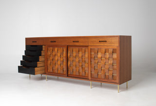 Edward Wormley Woven Front Credenza in Ribbon Mahogany with Brass Accents for Dunbar