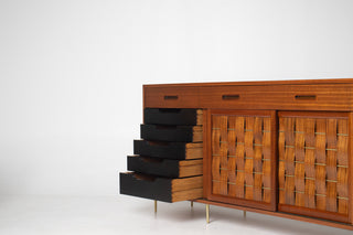 Edward Wormley Woven Front Credenza in Ribbon Mahogany with Brass Accents for Dunbar