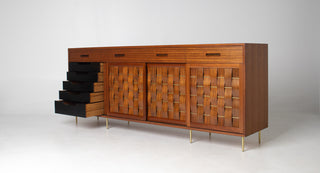 Edward Wormley Woven Front Credenza in Ribbon Mahogany with Brass Accents for Dunbar