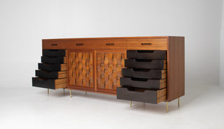 Edward Wormley Woven Front Credenza in Ribbon Mahogany with Brass Accents for Dunbar