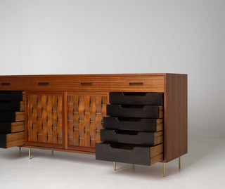 Edward Wormley Woven Front Credenza in Ribbon Mahogany with Brass Accents for Dunbar