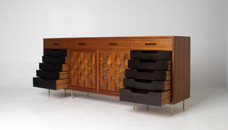 Edward Wormley Woven Front Credenza in Ribbon Mahogany with Brass Accents for Dunbar