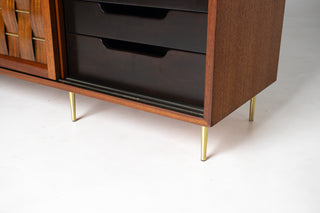 Edward Wormley Woven Front Credenza in Ribbon Mahogany with Brass Accents for Dunbar