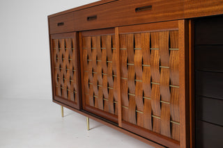 Edward Wormley Woven Front Credenza in Ribbon Mahogany with Brass Accents for Dunbar