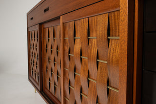 Edward Wormley Woven Front Credenza in Ribbon Mahogany with Brass Accents for Dunbar