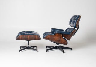 3rd Generation Eames Lounge Chair and Ottoman in Brazilian Rosewood & Navy Blue Leather by Herman Miller