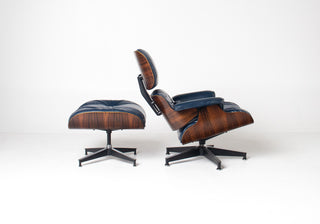 3rd Generation Eames Lounge Chair and Ottoman in Brazilian Rosewood & Navy Blue Leather by Herman Miller