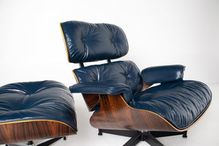 3rd Generation Eames Lounge Chair and Ottoman in Brazilian Rosewood & Navy Blue Leather by Herman Miller