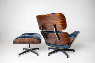 3rd Generation Eames Lounge Chair and Ottoman in Brazilian Rosewood & Navy Blue Leather by Herman Miller