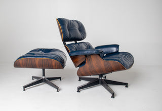 3rd Generation Eames Lounge Chair and Ottoman in Brazilian Rosewood & Navy Blue Leather by Herman Miller
