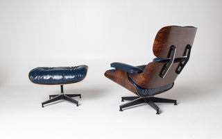 3rd Generation Eames Lounge Chair and Ottoman in Brazilian Rosewood & Navy Blue Leather by Herman Miller
