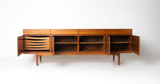 Original drawer configuration and craftsmanship detail on vintage Danish teak credenza by Faarup Møbelfabrik.
