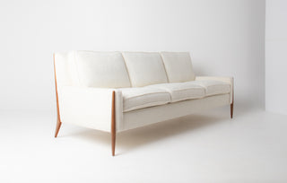 Mid Century Modern Sofa in Walnut and Vanilla Boucle and Down Feathers