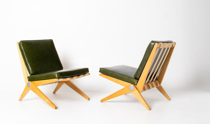 Rare Pair of Pierre Jeanneret Scissor Lounge Chairs for Knoll in Moss Leather