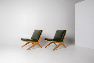 Rare Pair of Pierre Jeanneret Scissor Lounge Chairs for Knoll in Moss Leather