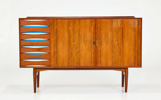 In Process: Arne Vodder Rosewood Credenza with Blue & White Drawers, Denmark, 1960