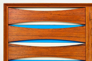 In Process: Arne Vodder Rosewood Credenza with Blue & White Drawers, Denmark, 1960