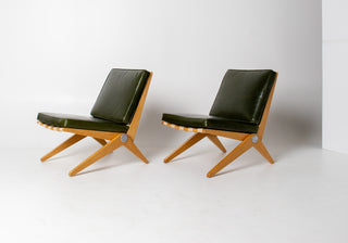 Rare Pair of Pierre Jeanneret Scissor Lounge Chairs for Knoll in Moss Leather