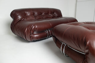 Soriana Love Seat Sofa and Ottoman in New Leather by Afra & Tobia Scarpa for Cassina