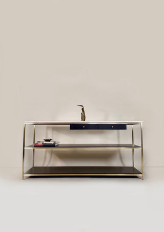 Paul McCobb Console Solid Brass with Travertine Top, Irwin Collection By Calvin Group