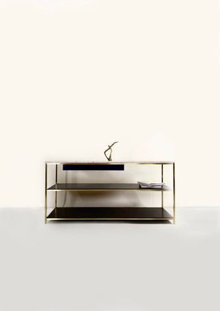 Paul McCobb Console Solid Brass with Travertine Top, Irwin Collection By Calvin Group