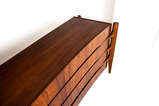 William Hinn Sculpted Walnut 8 Drawer Dresser, Made in Sweden, Circa 1950s