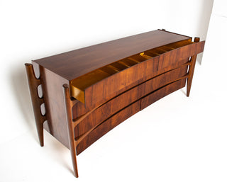 William Hinn Sculpted Walnut 8 Drawer Dresser, Made in Sweden, Circa 1950s