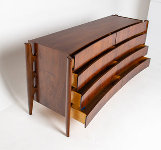 William Hinn Sculpted Walnut 8 Drawer Dresser, Made in Sweden, Circa 1950s