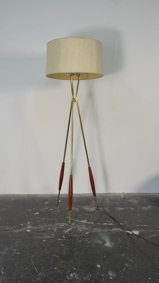 Mid Century Modern Standing Lamp in walnut, brass and linen